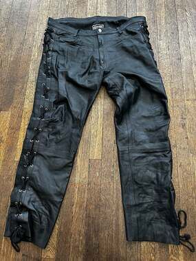 Vintage Black Genuine Leather Side Lace-Up Biker Pants Size 40
